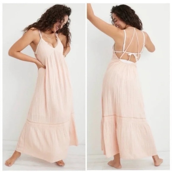 aerie Dresses & Skirts - Aerie Ballet Pink Maxi Dress Strappy Back Tiered Hem; Size Small